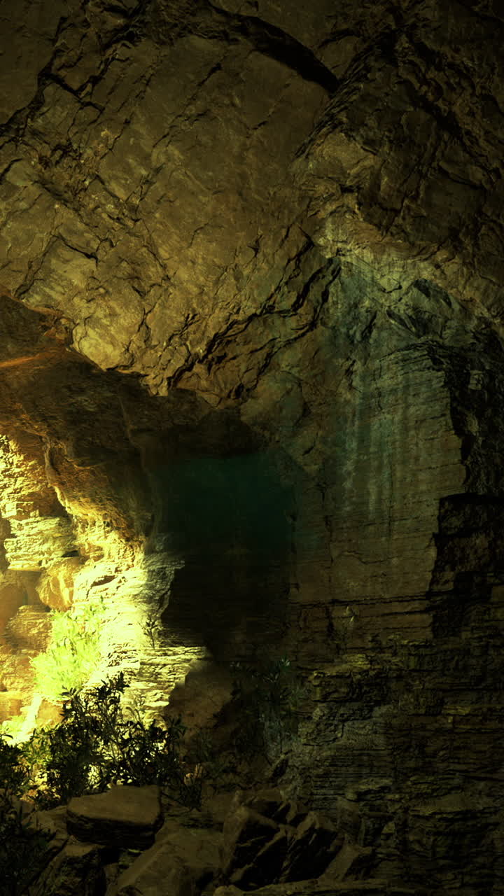 Luce del sole che filtra in una grotta rivelando formazioni rocciose e vegetazione
