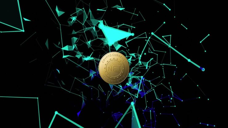 Animazione del testo NFT su una moneta d'oro e una rete di connessioni su sfondo scuro