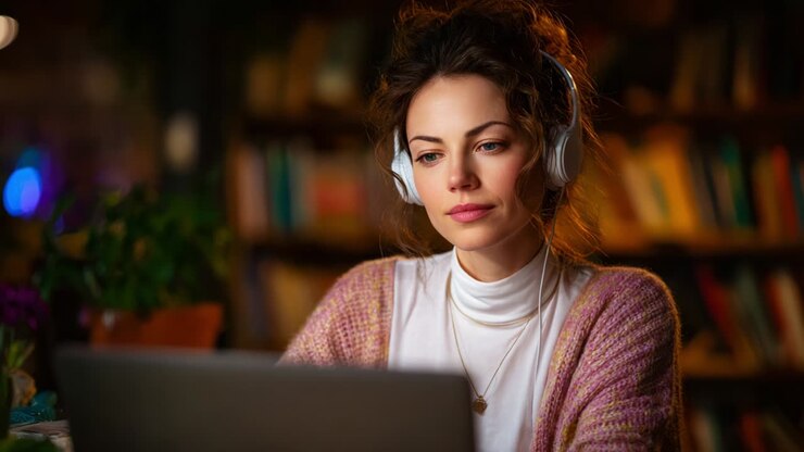 Fokuseret ung kvinde med høretelefoner, fordybet i sin bærbare computer, mens hun sidder i hyggelige omgivelser med bogreoler i baggrunden og et blødt omgivende lys, der skaber en varm atmosfære