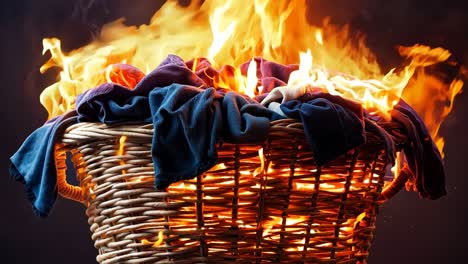 a basket full of clothes on fire on a black background