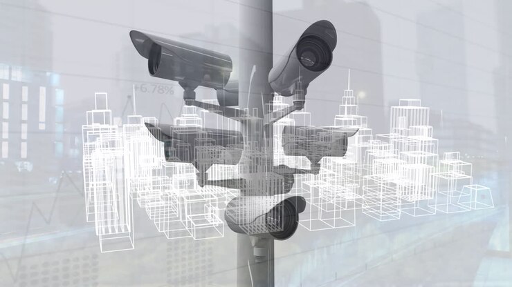 Animation of security cameras over metaverse city