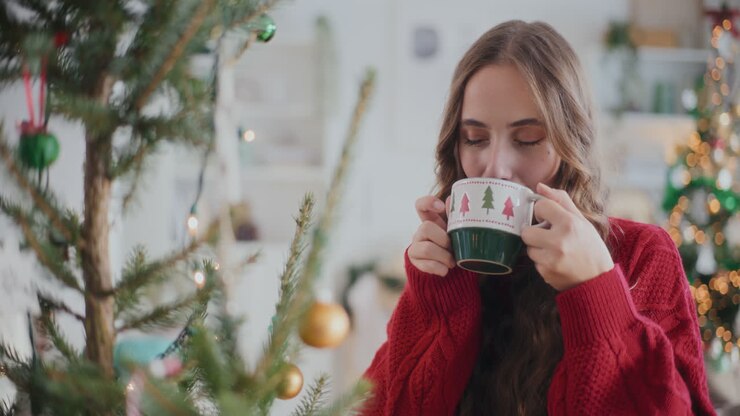 Happy woman drinking coffee while looking at decorated Christmas tree