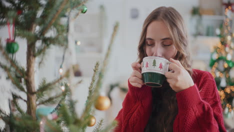 mujer feliz bebiendo café mientras mira el árbol de navidad decorado