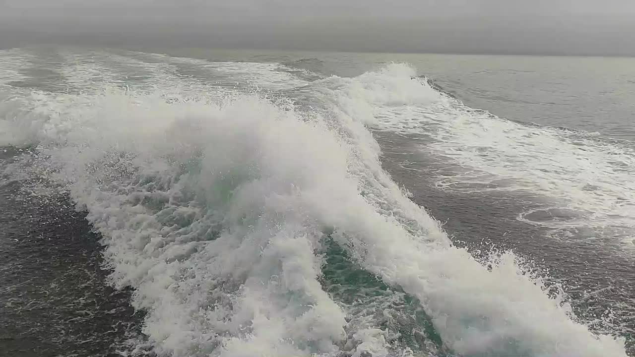 맑은 하늘 날, 푸른 바다, 수면에서 빠르게 움직이는 모터 보트 뒤에서 보이는 물의 여파