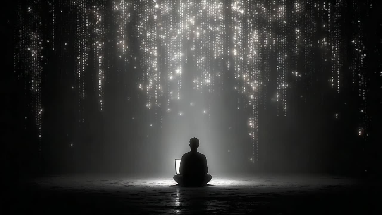 A solitary figure sits in meditation beneath a cascade of luminous lights, embodying tranquility and introspection in a mesmerizing digital landscape