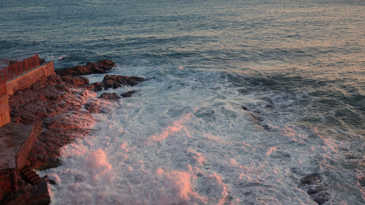 Meditative Coastal Landscape with Ocean Waves and Rocky Cliffs Aerial Drone view