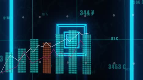 Animation-of-neon-blue-tunnel-in-seamless-pattern-over-statistical-data-processing