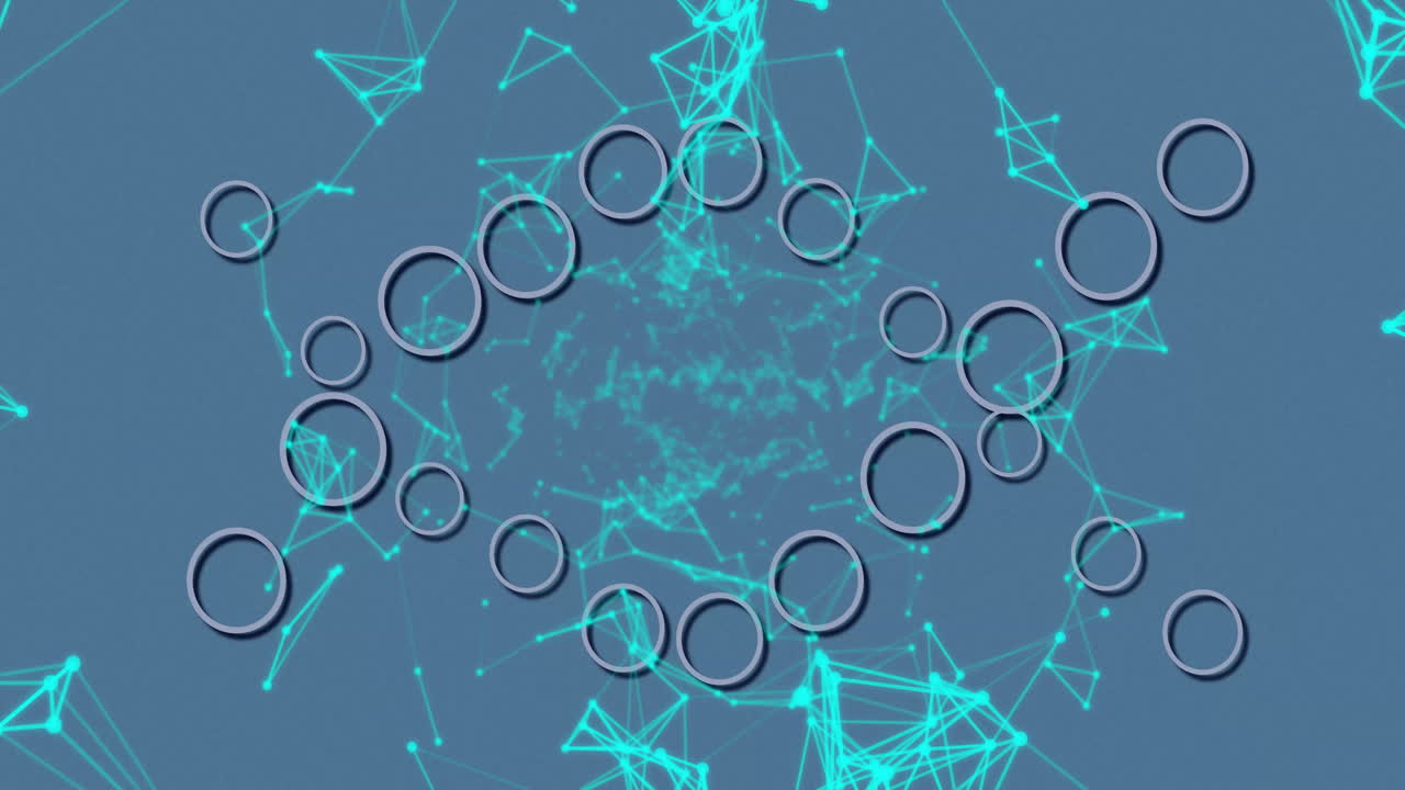 Animation of geometric shapes and circles forming digital network on blue background