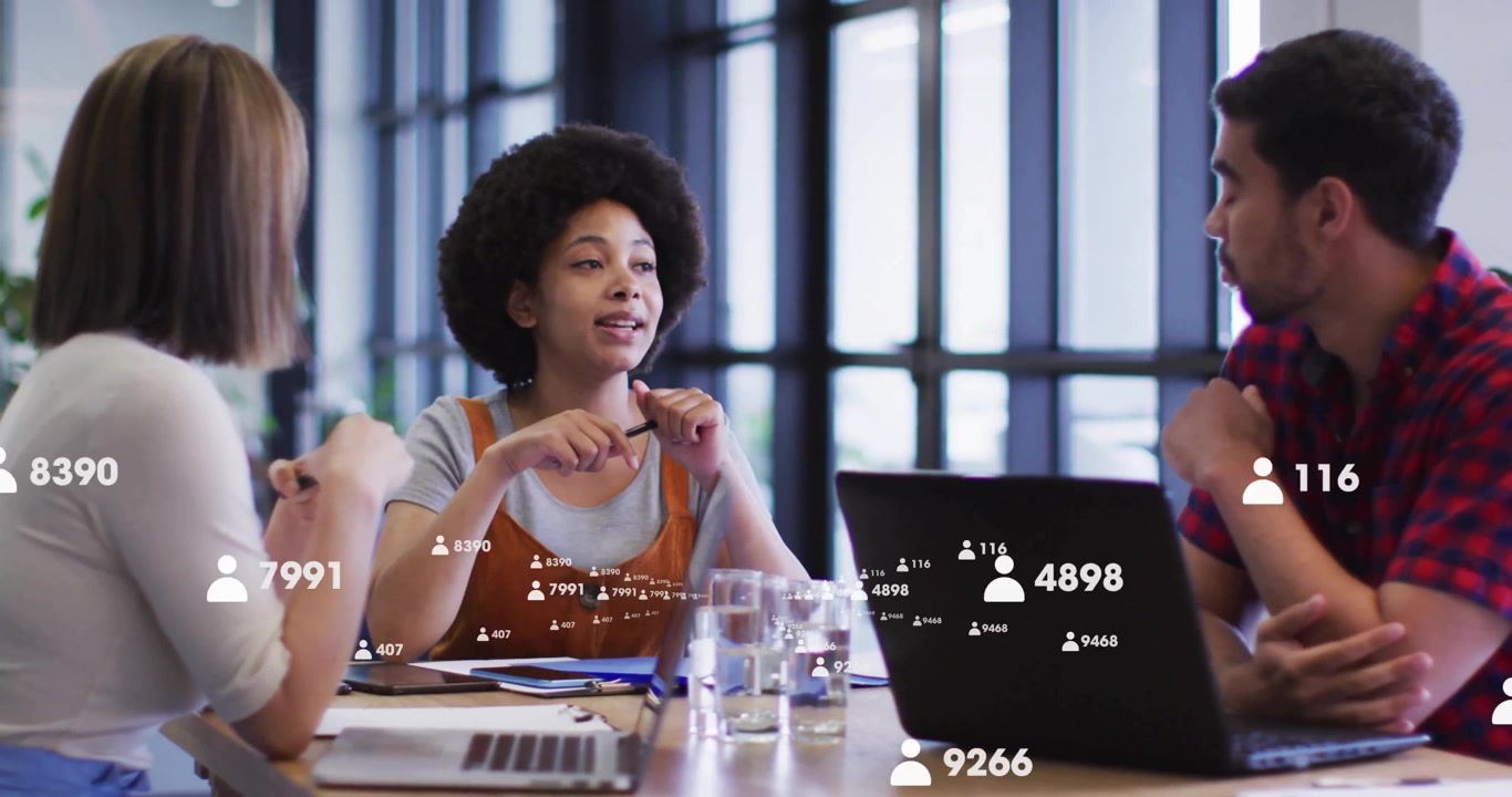 Marketing team in meeting, woman presenting plan and illustrating rising floating user-icon numbers