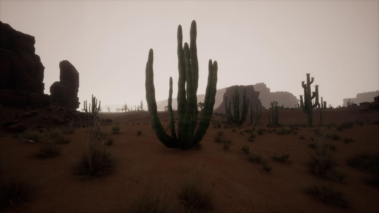 Desert Landscape with Cacti in Fog