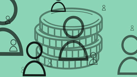 animación de iconos de personas sobre monedas sobre fondo verde