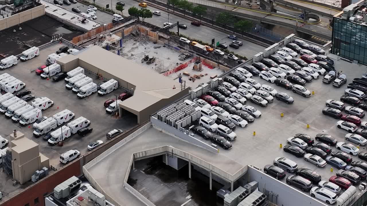 Aerial view of a busy parking structure in New York City