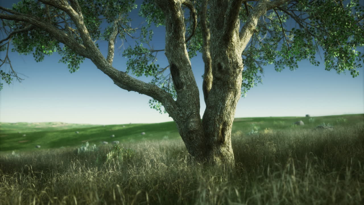Graceful tree stands tall in a lush green meadow under a clear sky