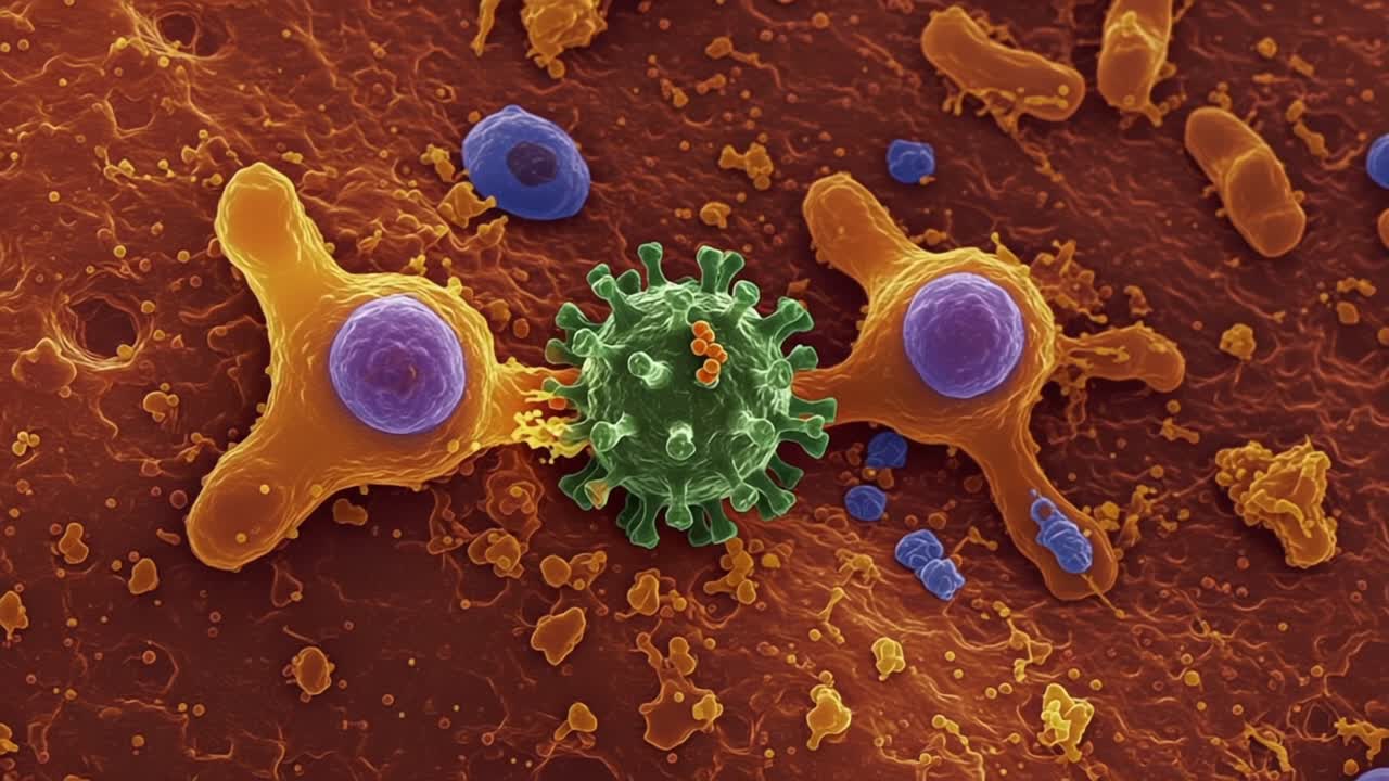 Magnified View of Viral Interaction with Host Cells, Displaying the Complexities of Cellular Communication and Immune Response at a Microbial Level