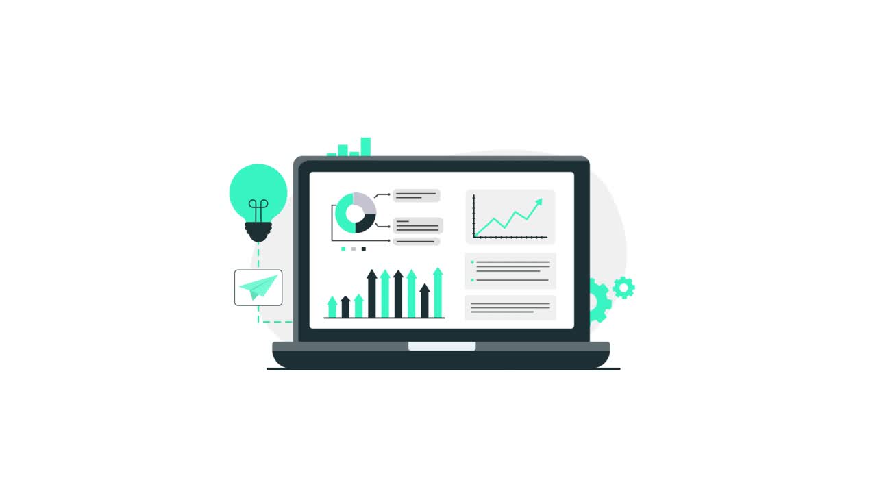 Animated Laptop Displaying Business Data and Growth Charts