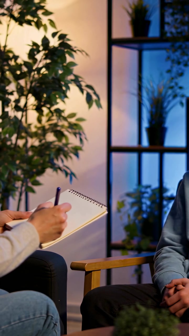 Vertikal video: Terapeut i sweater bladrer i spiralblok og skriver på kontor til noter