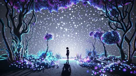 girl in a magical forest at night