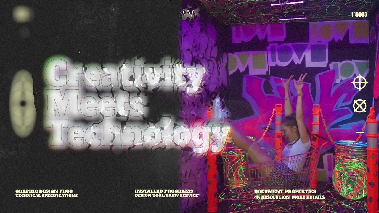Split Screen with Young Woman in Neon Graffiti and 'Creativity Meets Technology' Text