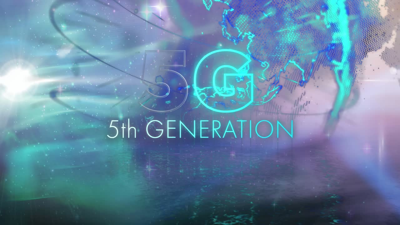 Animation of 5g 5th generation text in blue neon letters over spinning globe in universe
