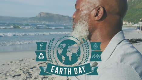 animation of earth day text and globe logo over african american senior men on the beach