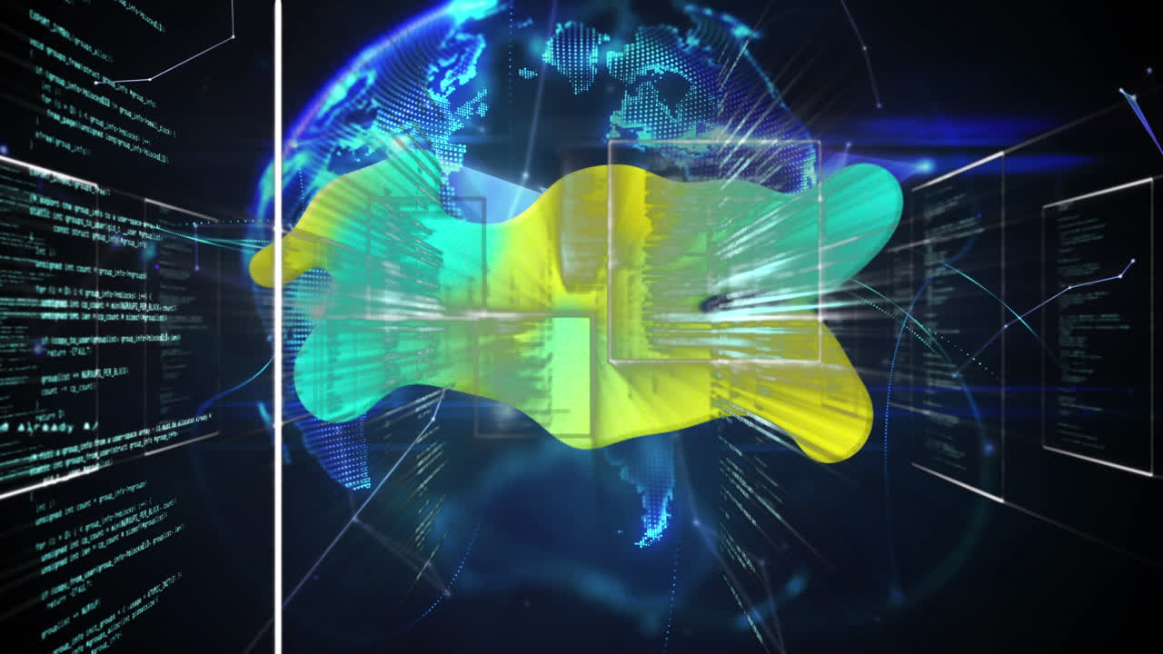 Animation of green and yellow stain over connections and globe on black background