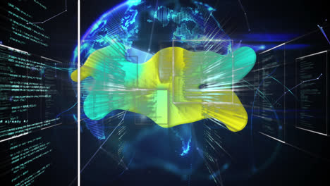 Animación-De-Mancha-Verde-Y-Amarilla-Sobre-Conexiones-Y-Globo-Terráqueo-Sobre-Fondo-Negro
