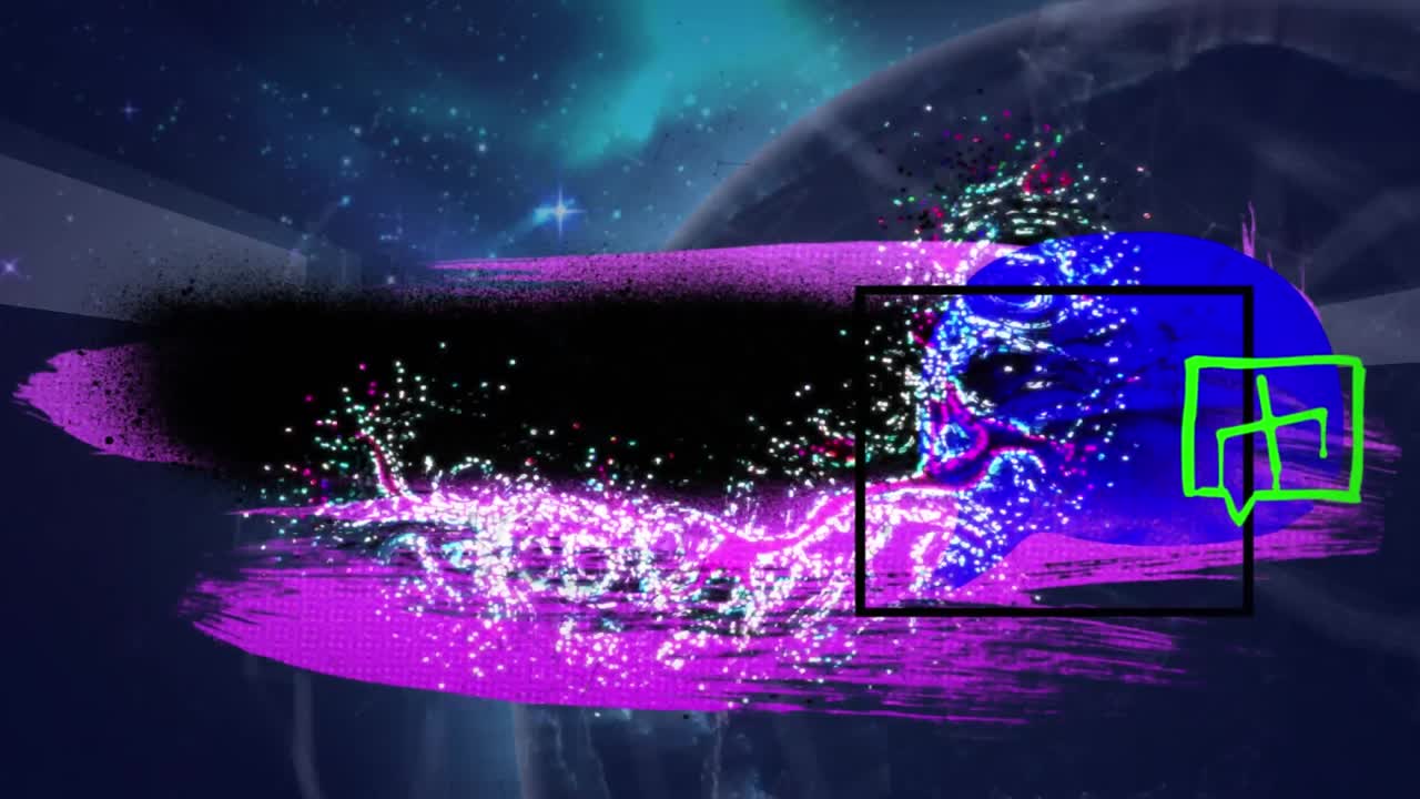 공간에서 회전하는 지구를 배경으로 추상적인 다채로운 모양의 디지털 애니메이션