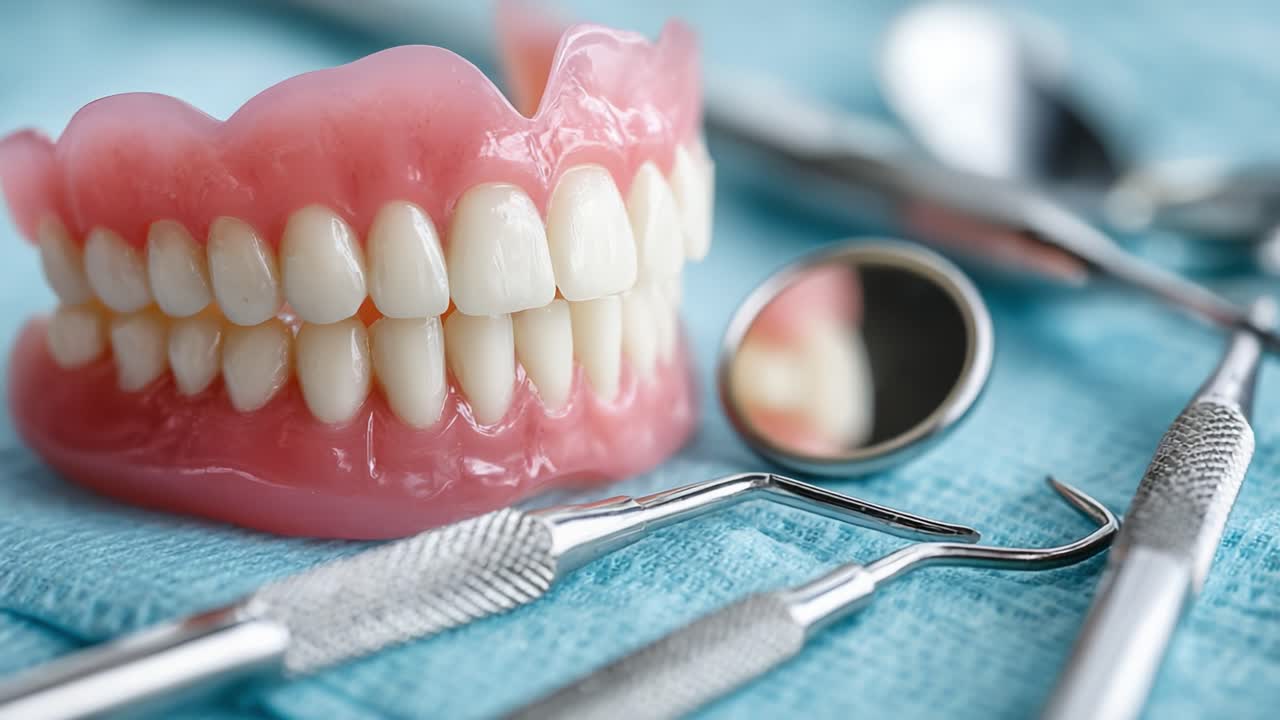 Close-Up of Dentures on a Dental Table Surrounded by Instruments for Orthodontic Procedures Aiming to Ensure Oral Health and Hygiene