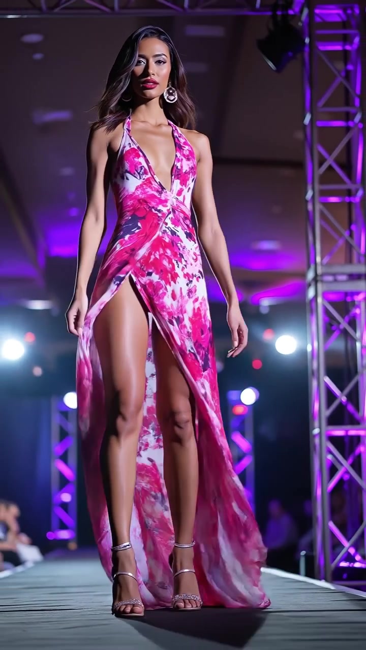 Modella che sfila su una passerella con un lungo vestito floreale rosa con uno spacco profondo