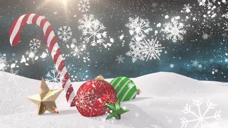 Animation-of-shooting-star-with-falling-snowflakes-and-stars,-over-candy-cane-and-baubles-in-snow