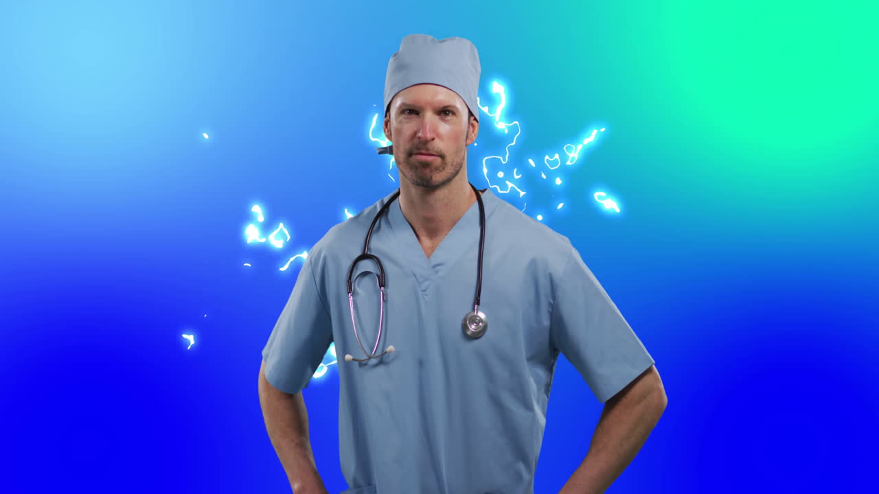 Male doctor posing in digital health studio, displaying stethoscope with electric light streaks