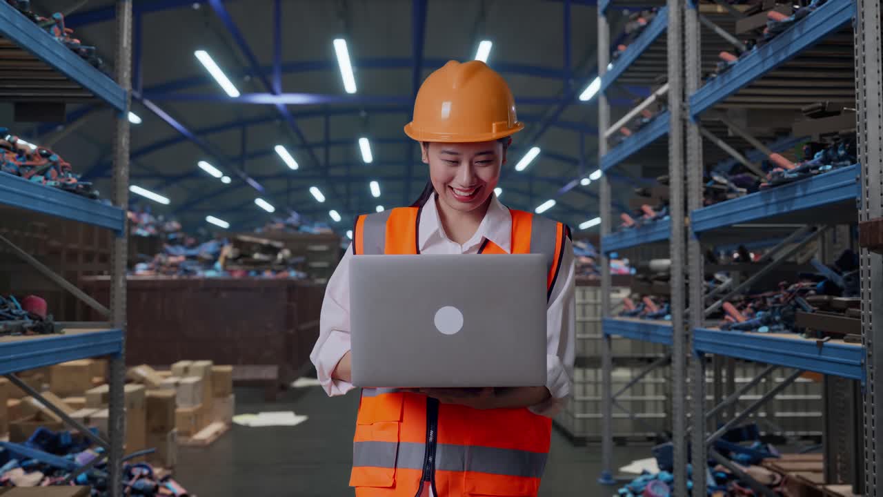 Ingegnere donna asiatica con elmetto di sicurezza che lavora a un laptop mentre è in piedi, in un magazzino industriale di rottami metallici e riciclaggio.