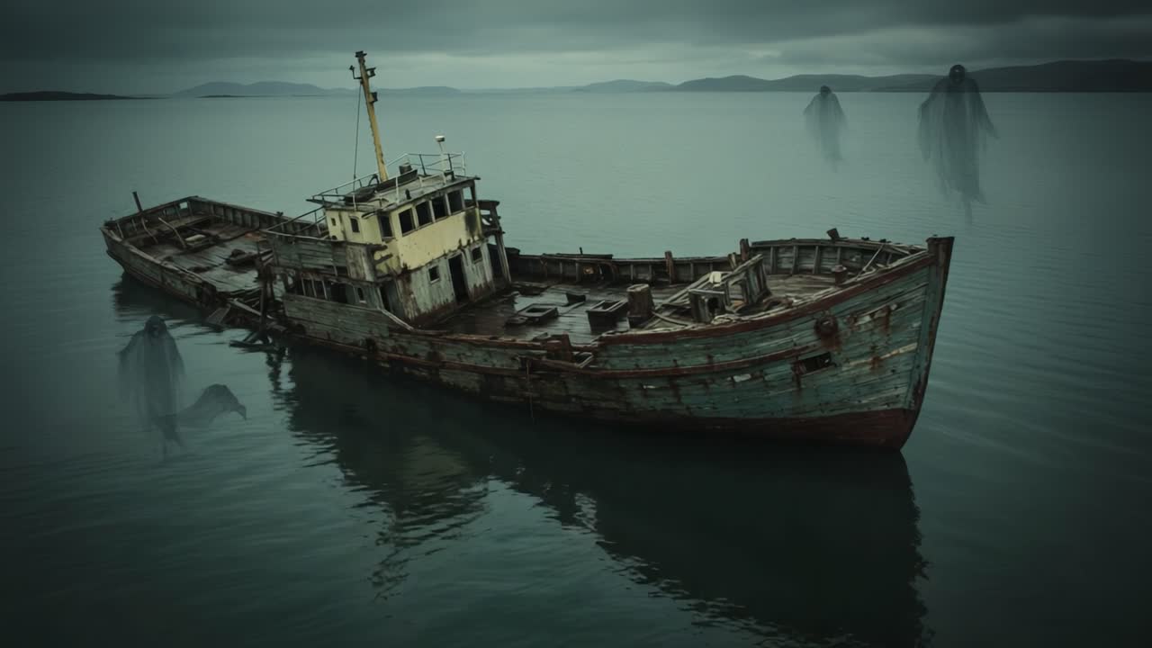 Eerie Abandoned Ship Beneath Grey Skies: A Ghostly Presence Haunts the Wreckage with Shadows in the Water, Creating an Atmosphere of Mystery and Intrigue