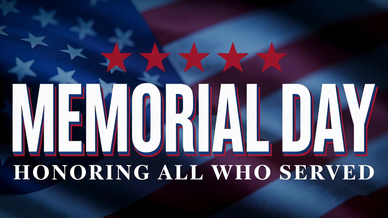 Appare una schermata con il titolo MEMORIAL DAY, cinque stelle rosse, una bandiera che sventola, in onore del servizio.