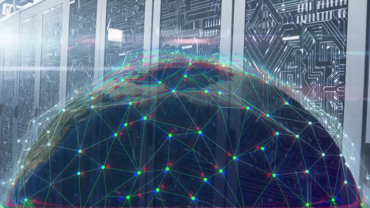 Animation of network of connections over spinning globe and light spot against computer server room