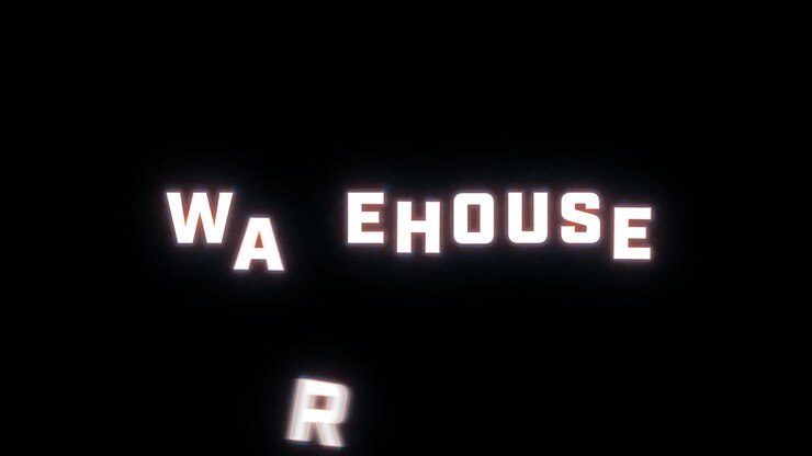 4K text reveal of the word "warehouse" on a black background