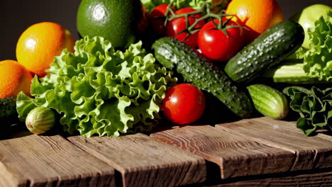 fresh produce and wet plastic on a wooden table