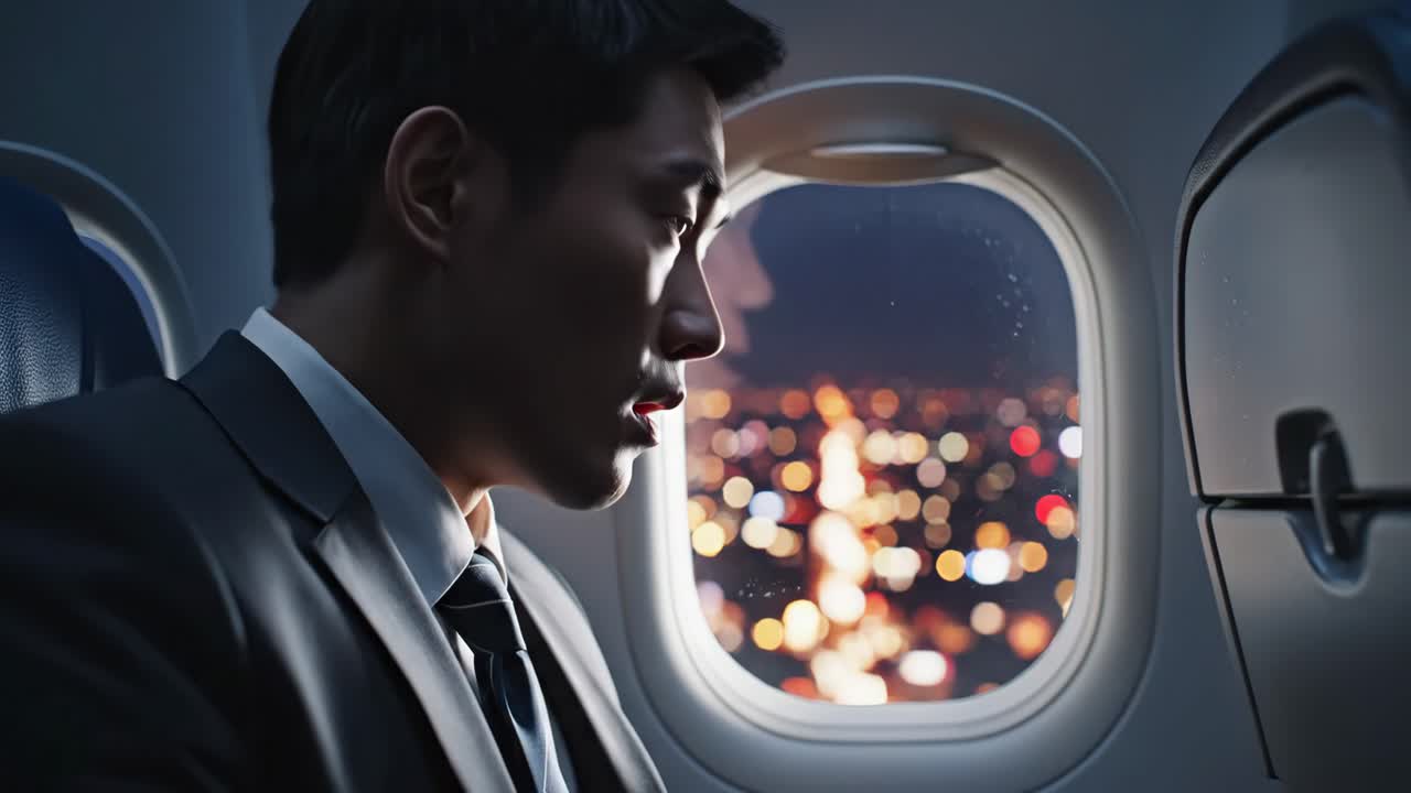 Man on an Airplane Looking at City Lights at Night