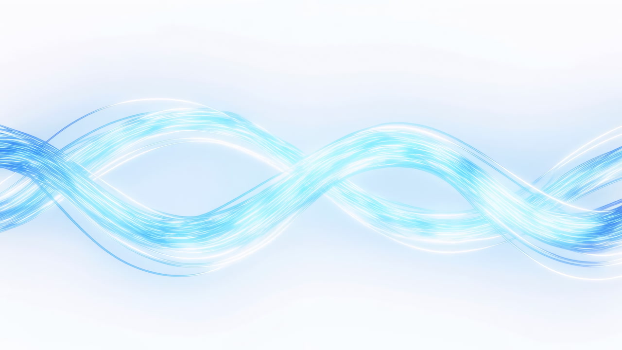 Blue Flowing Wave Ribbons Across Screen, Translucent Luminous Strands Pulsing Like Data Stream, Cool Cyan