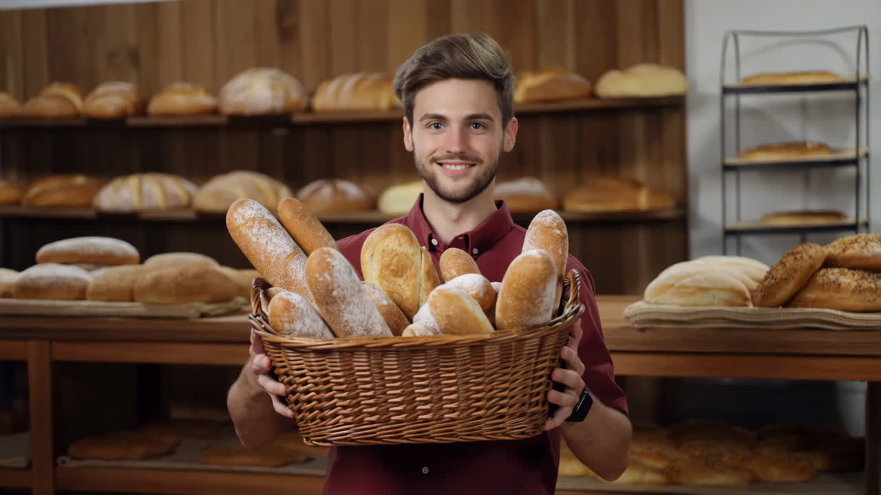 Young smiling baker holding a basket of fresh bread in a bakery