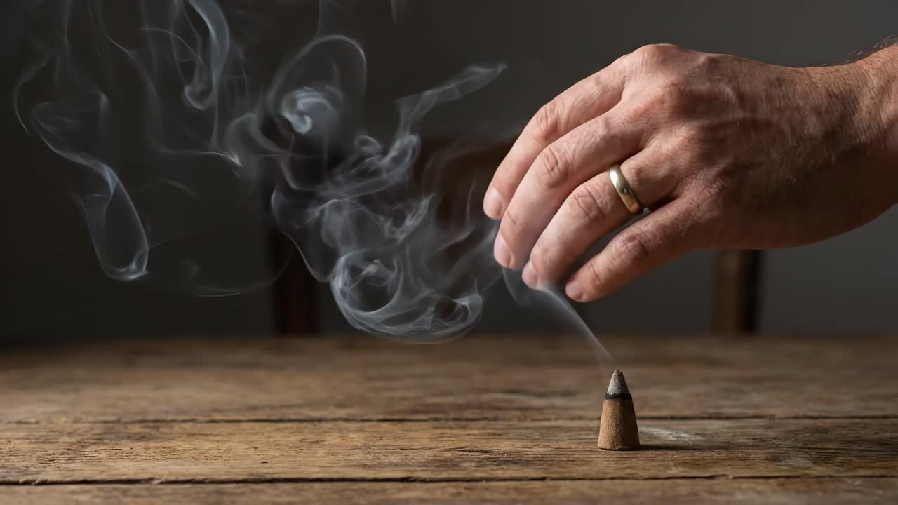 Hand Interacting with Burning Incense Cone and Rising Smoke