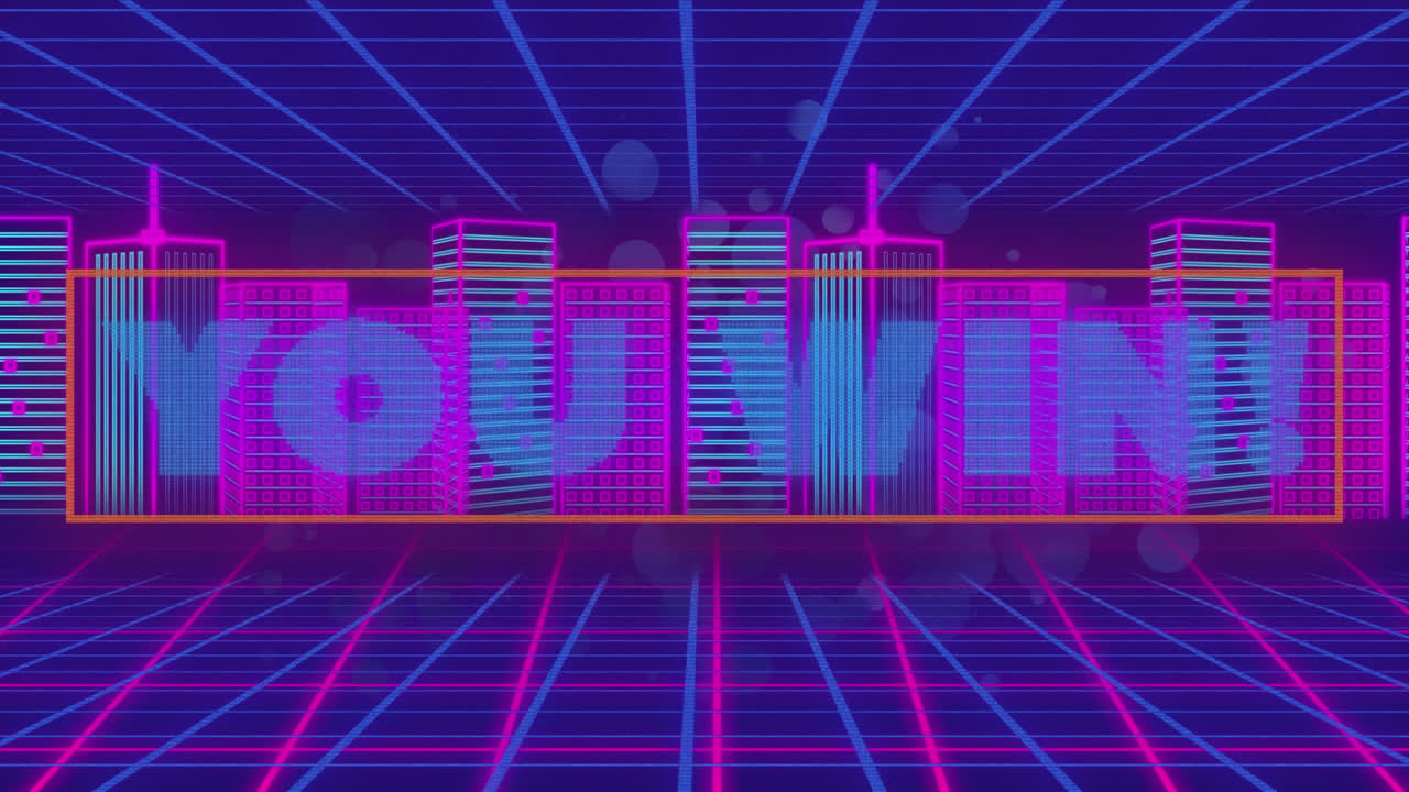 animación de usted ganar texto sobre el paisaje urbano y fondo de cuadrícula de neón