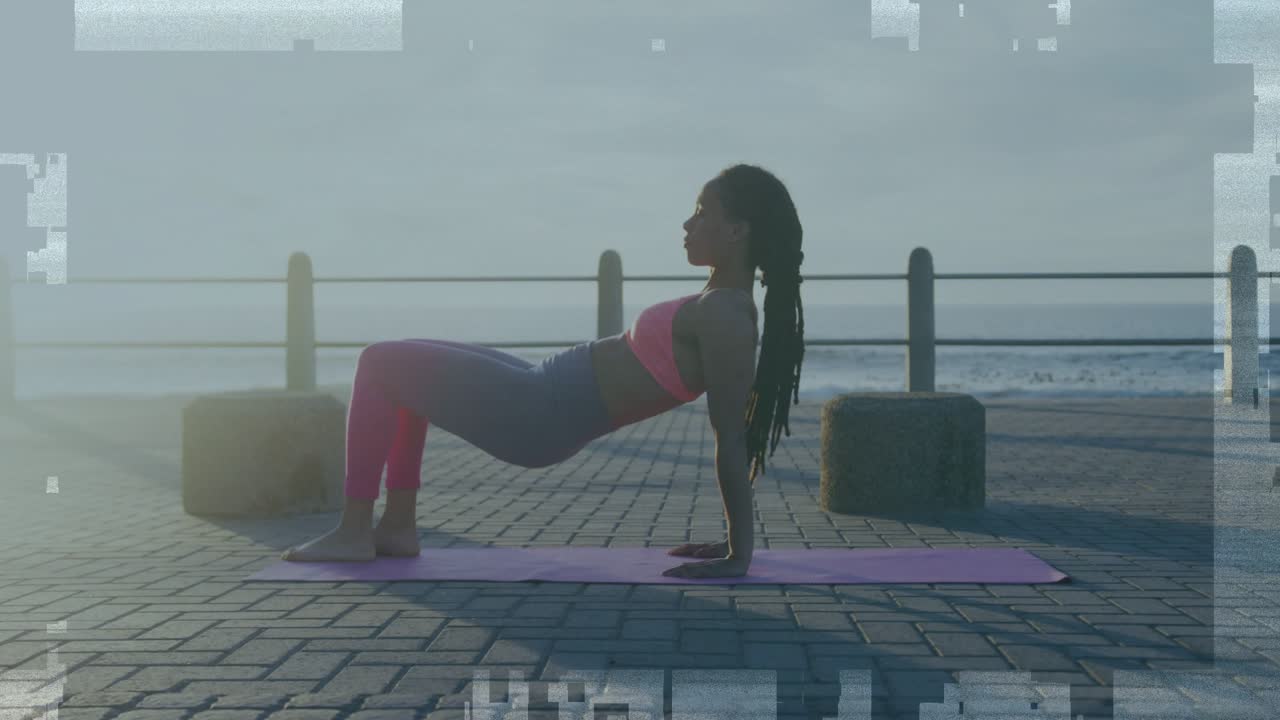 Woman holding bridge on purple mat GOOD VIBES overlay glitching over her resolving boosting fitness