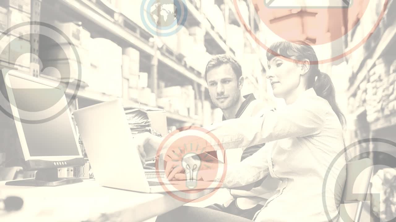 컴퓨터를 사용하여 커플을 통해 디지털 아이콘으로 연결 네트워크의 애니메이션