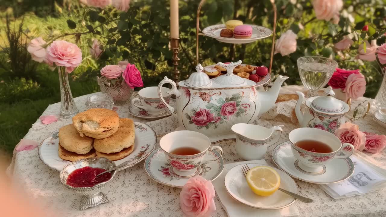 Charming garden tea party video, captured from a high angle, showcasing elegant vintage tableware