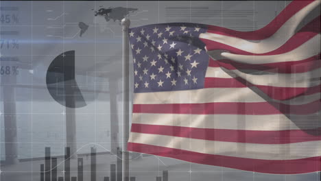 animation of financial data and graphs over waving flag of usa