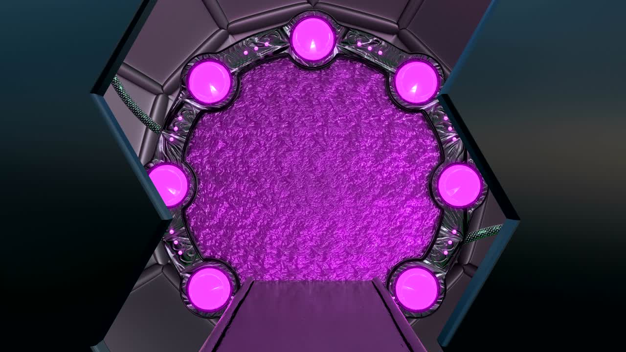 la escotilla de hierro abre una vista panorámica a la escena del paisaje de la nave espacial. fondo abstracto 3d de corredor de ciencia ficción con portal. tecnología futurista abstracto vj para títulos tecnológicos y fondo.