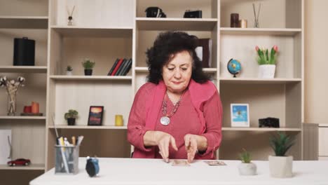 portrait-of-an-elderly-woman-sitting-at-a-table,-counting-a-small-sum-of-dollar-bills-with-a-total