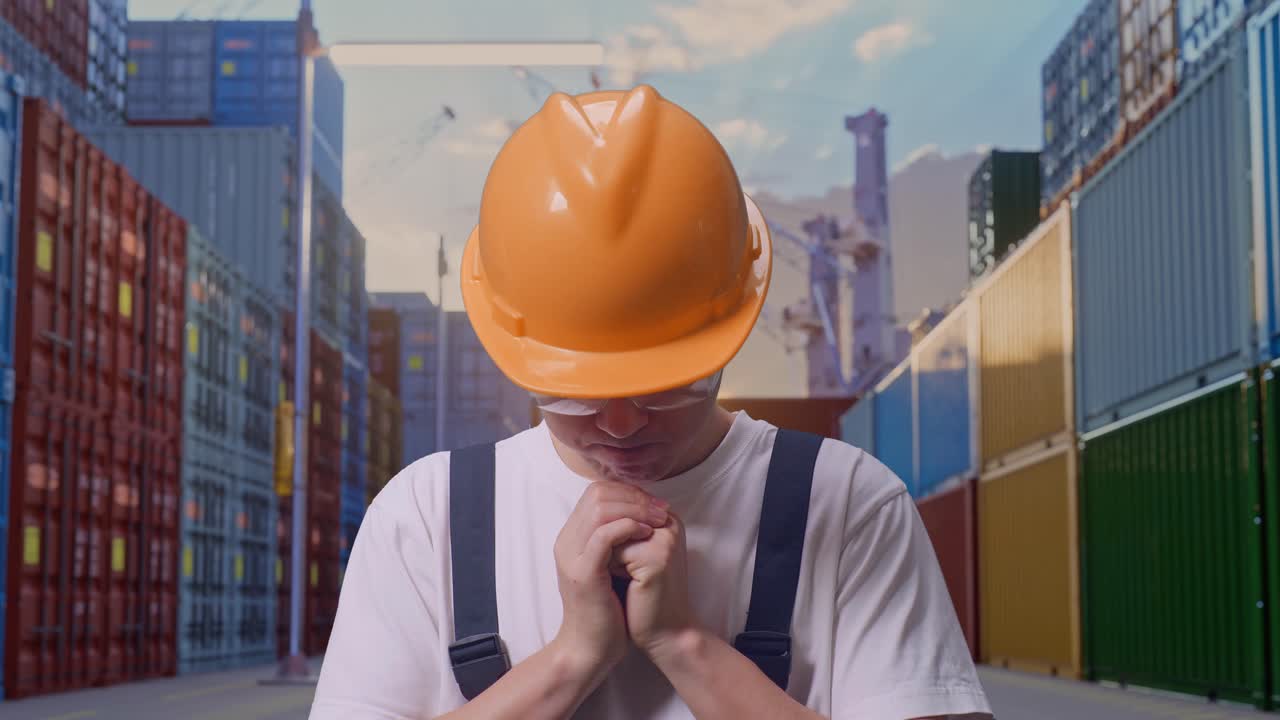 Close Up Of Asian Man Worker Wearing Goggles And Safety Helmet Praying For Something While Standing At Container Yard Warehouse