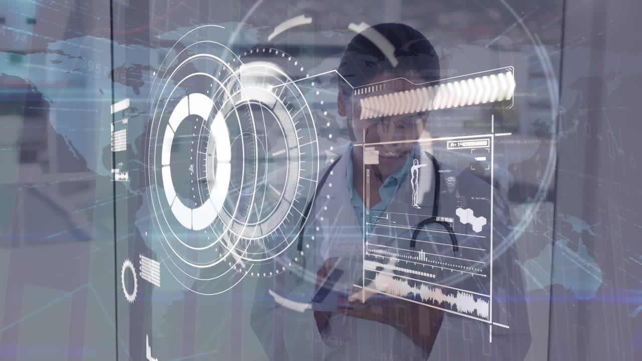 animación del procesamiento de datos sobre una doctora caucásica que usa una tableta